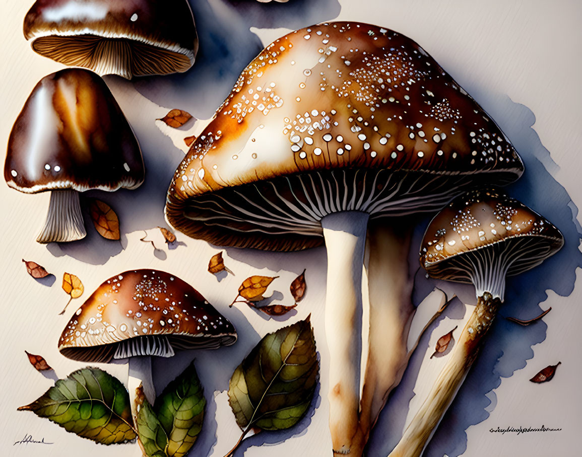 Detailed Realistic Brown and White Mushrooms with Dewdrops on Caps