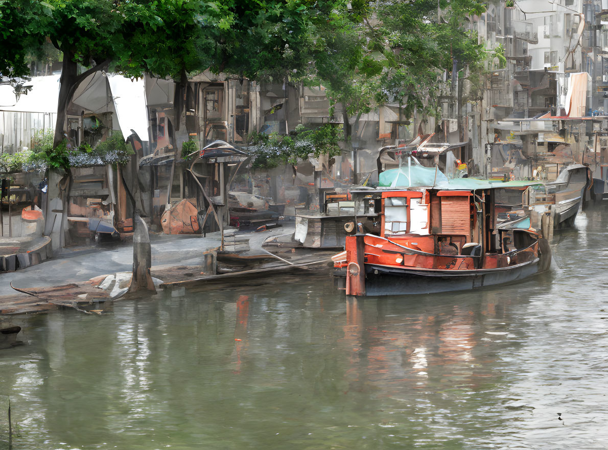 Rusted boat and dilapidated buildings in misty canal scene