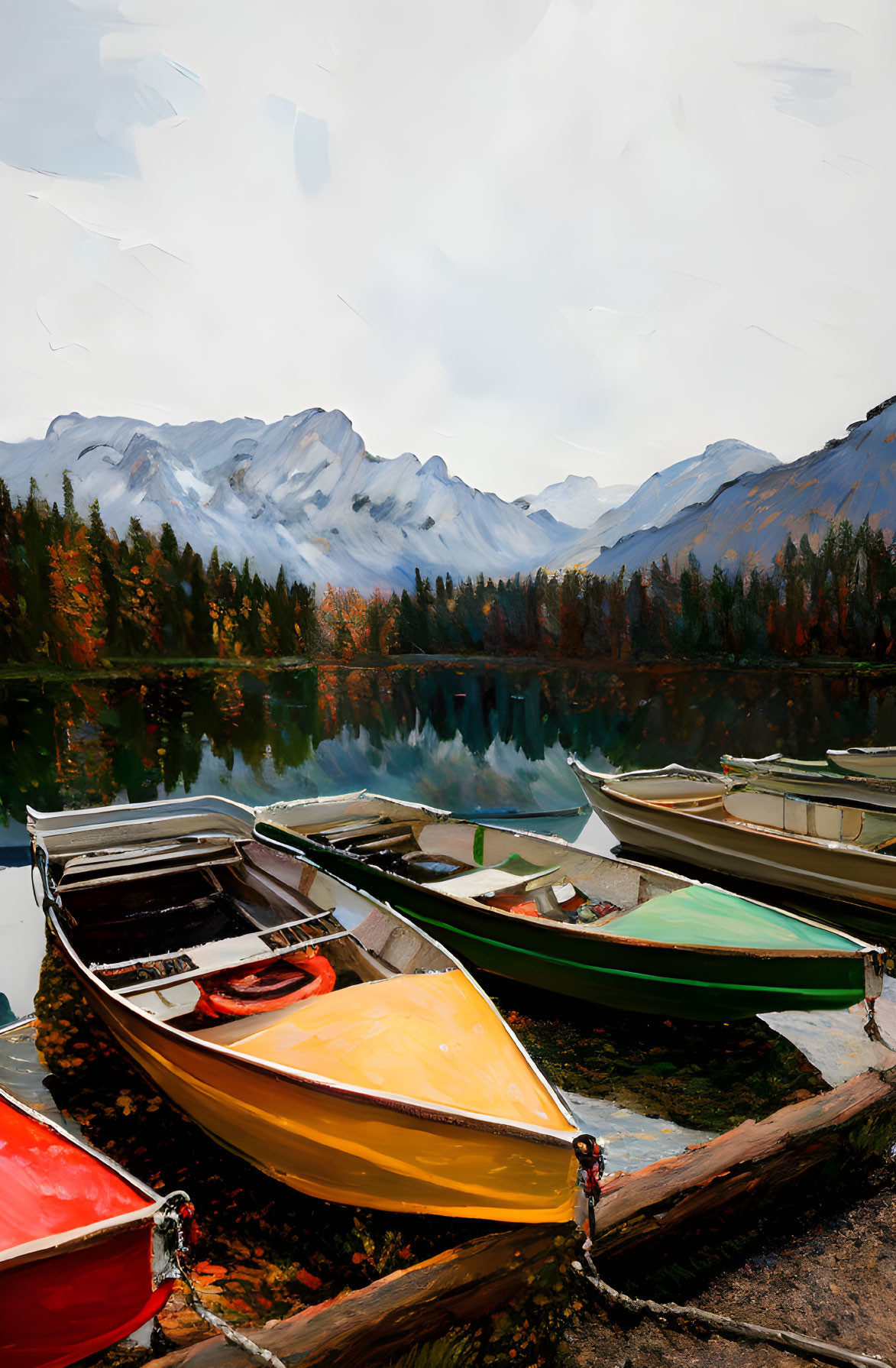 Vibrant boats on serene lake with autumn reflections.