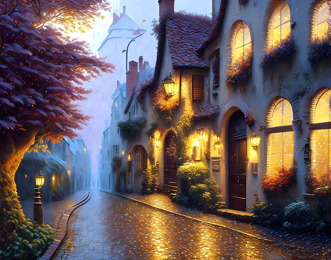 Cobblestone street scene at dusk with warmly lit windows