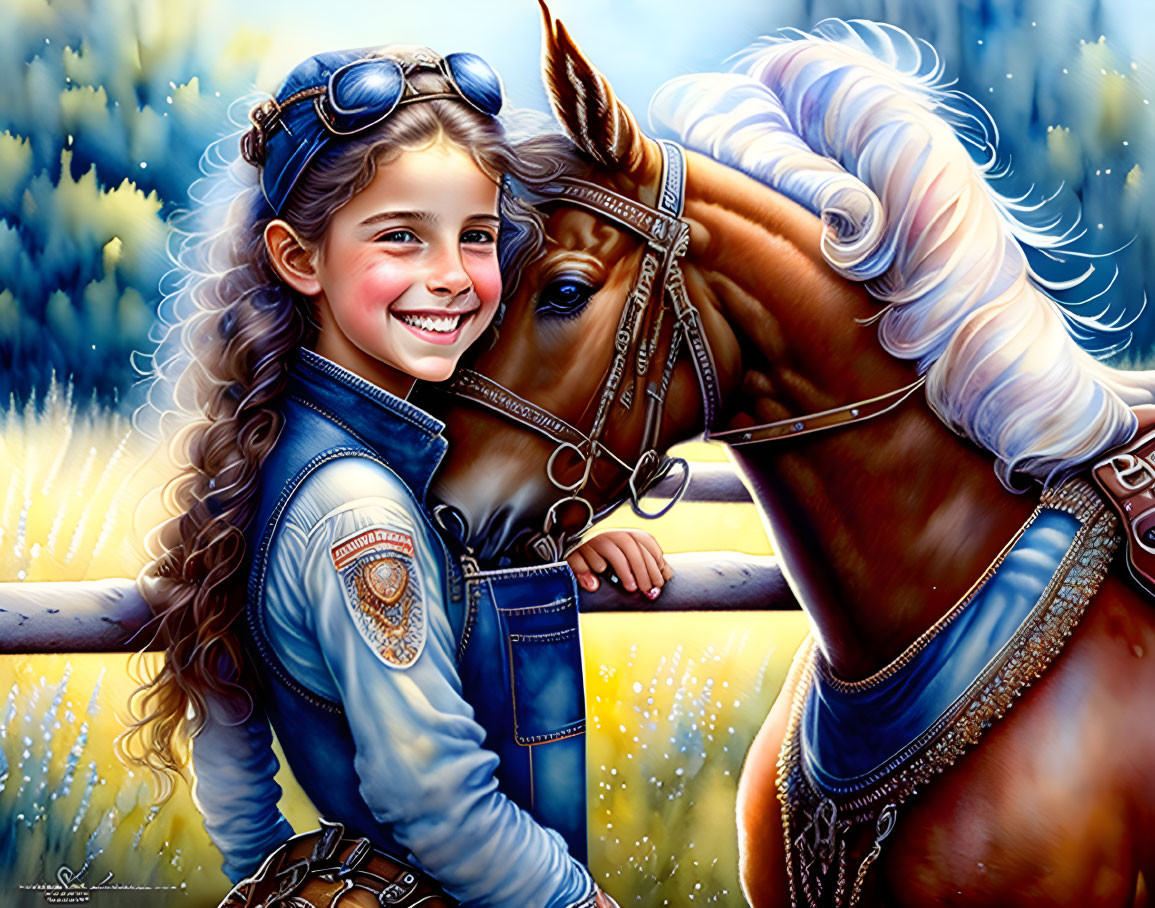 Smiling girl in denim outfit embraces brown horse in sunny field