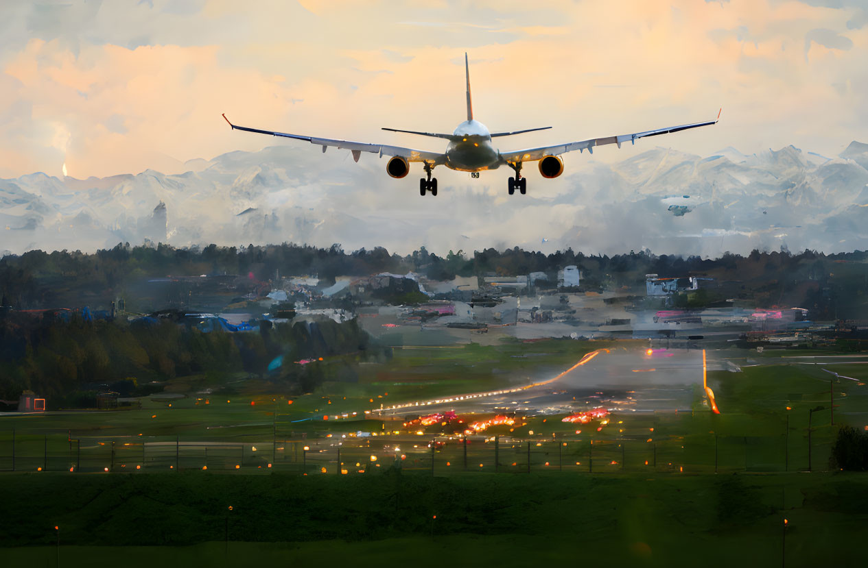 Airplane landing on illuminated runway with mountain backdrop at dusk