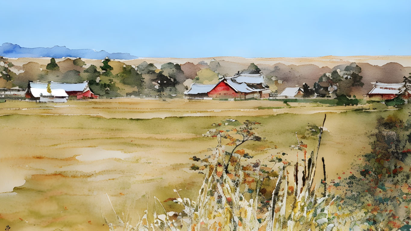 Rustic village watercolor: red-roofed houses, golden fields, clear sky.