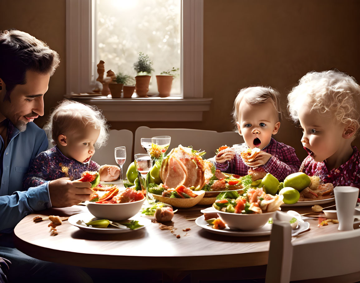 Family Meal Scene with Adult, Toddlers, and Roast on Table