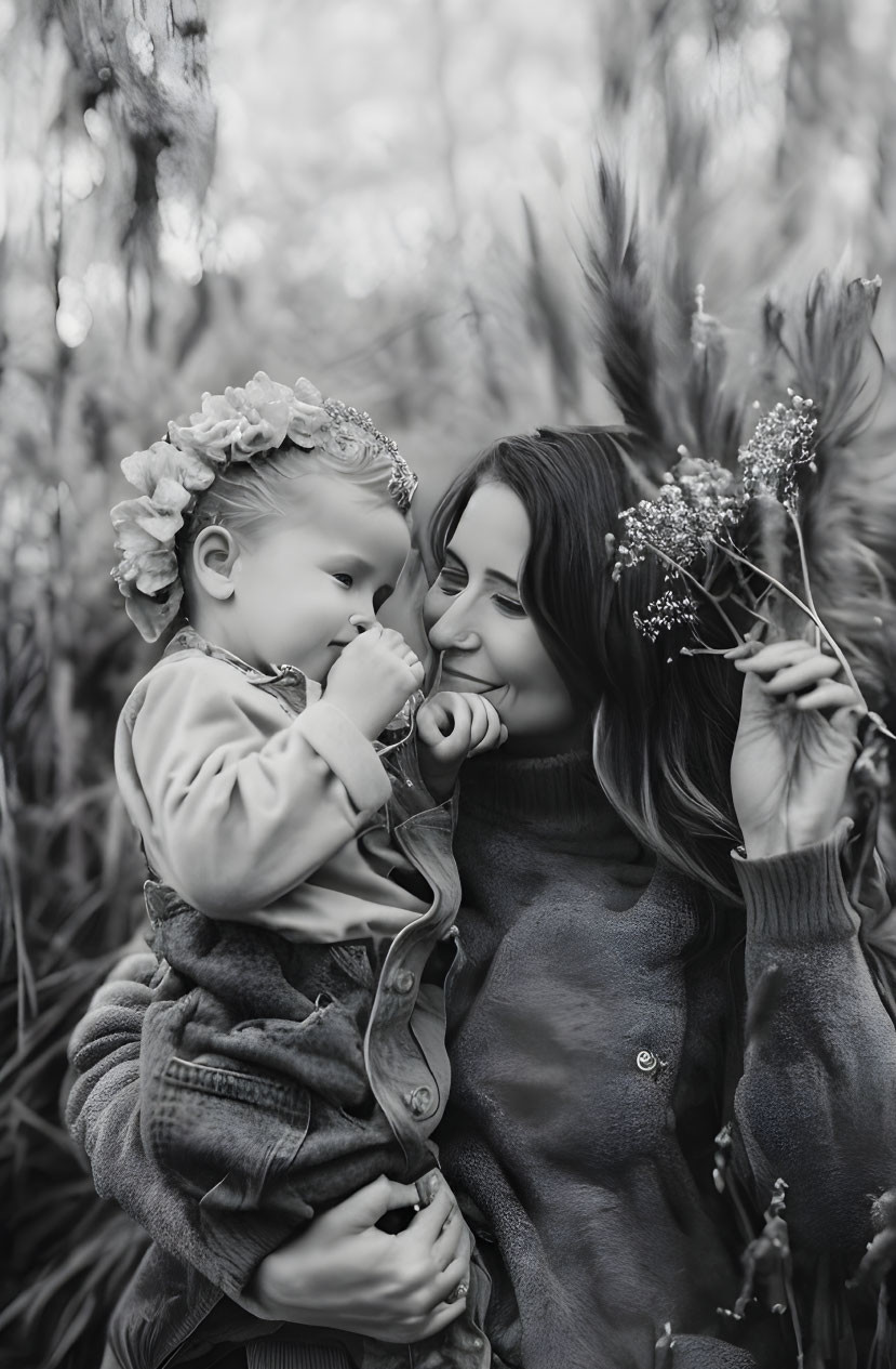 Monochrome image of smiling woman and child in tall grass