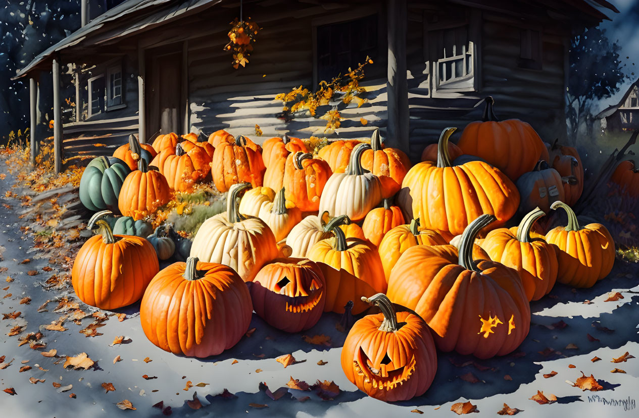 Rustic cabin with pumpkins and autumn leaves glow warmly