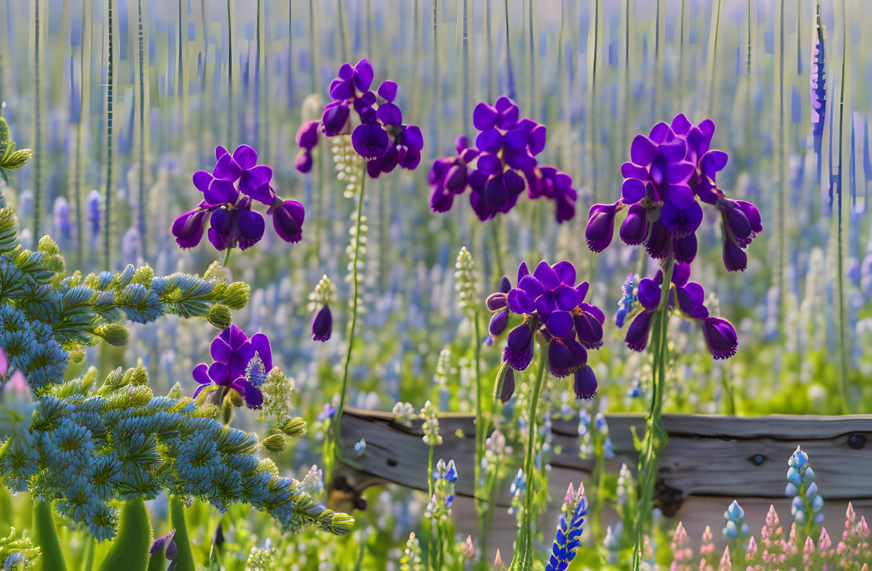 Lush garden with vibrant purple flowers and wooden fence