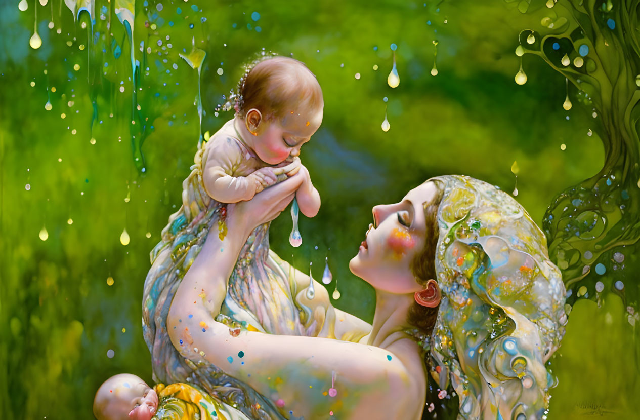 Vibrant fantasy art of woman holding baby in lush setting