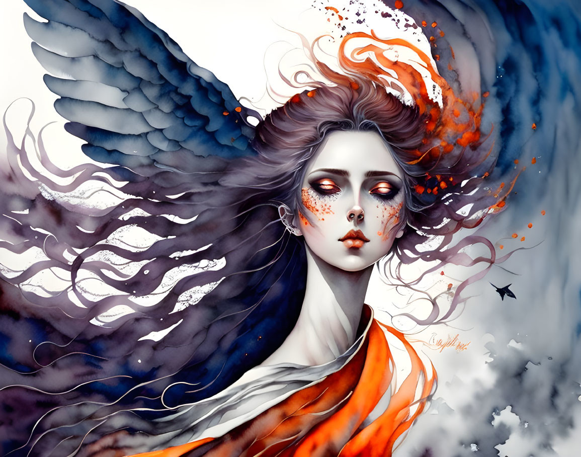 Illustrated angelic figure with orange and white wings and bird in cloudy background