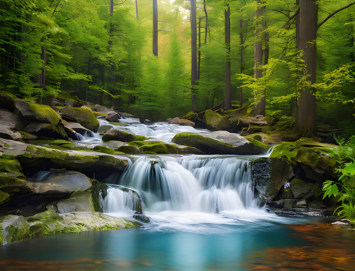 Tranquil forest scene: cascading water over mossy rocks, enveloped by lush greenery