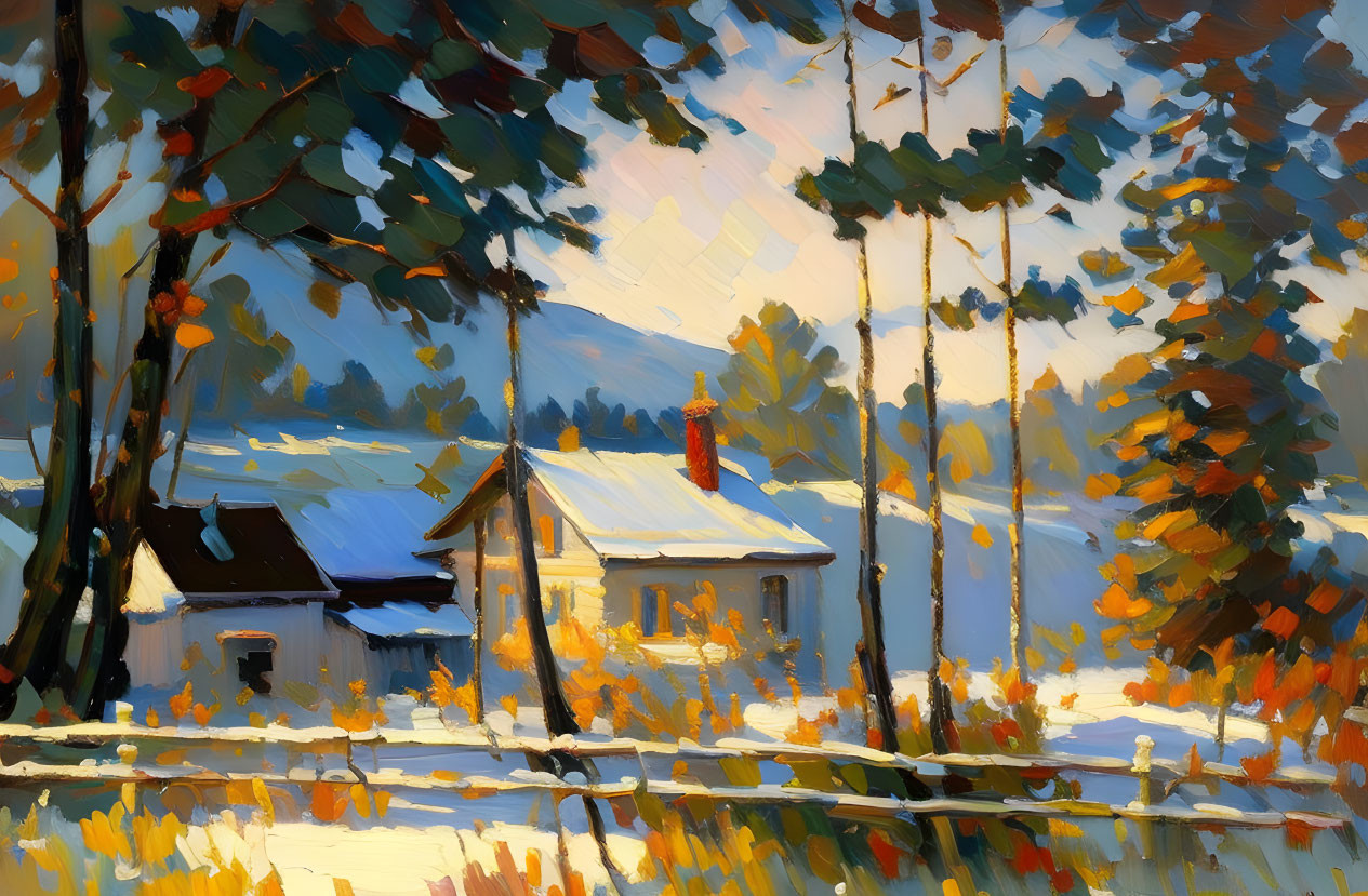 Snowy landscape oil painting: cozy cottage, pine trees, smoking chimney