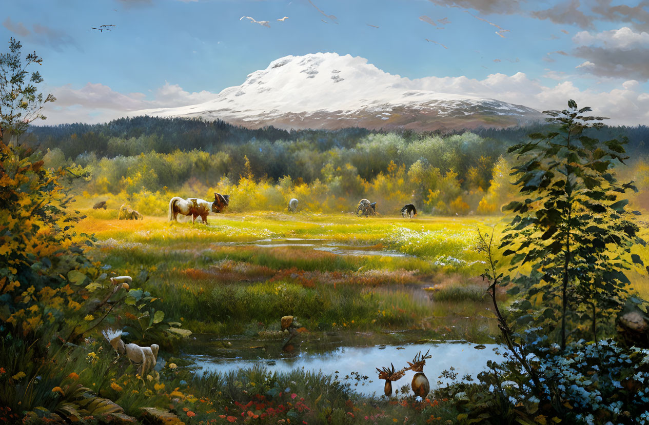 Tranquil landscape with grazing horses, vibrant foliage, and snow-capped mountain