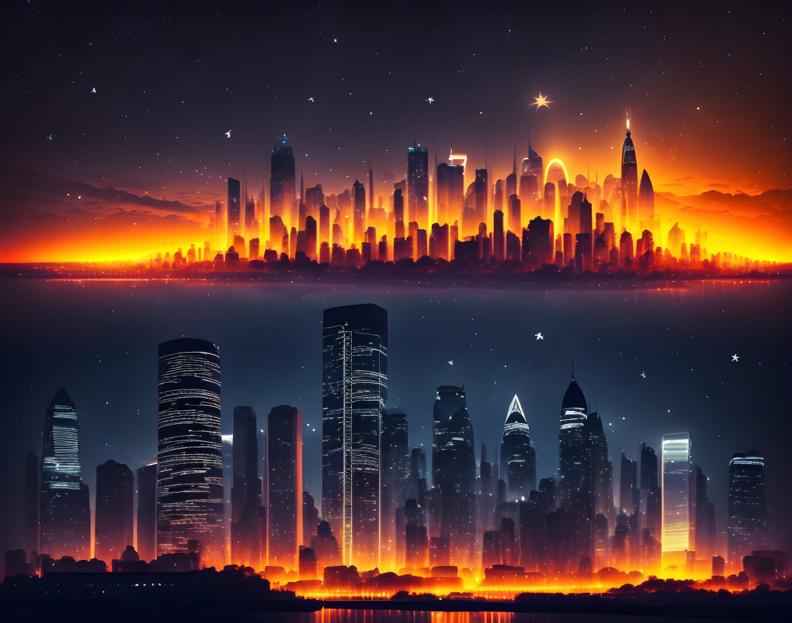 Futuristic city skyline at night with glowing orange horizon