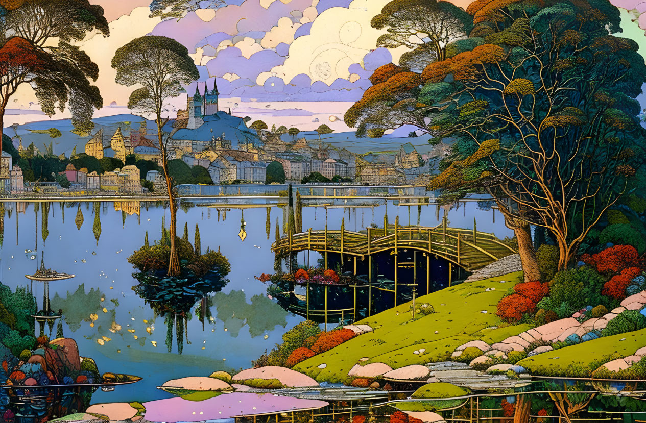 Colorful landscape with lake, town, trees, jetty, and clouds