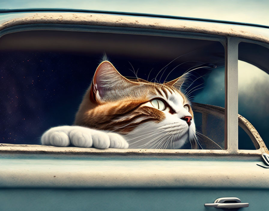 Curious cat looking out car window under starry sky