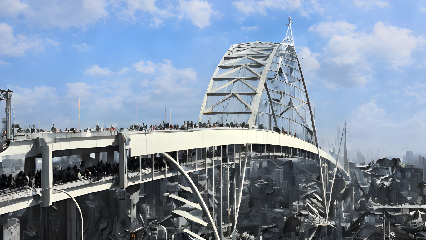 Futuristic bridge with people over industrial landscape