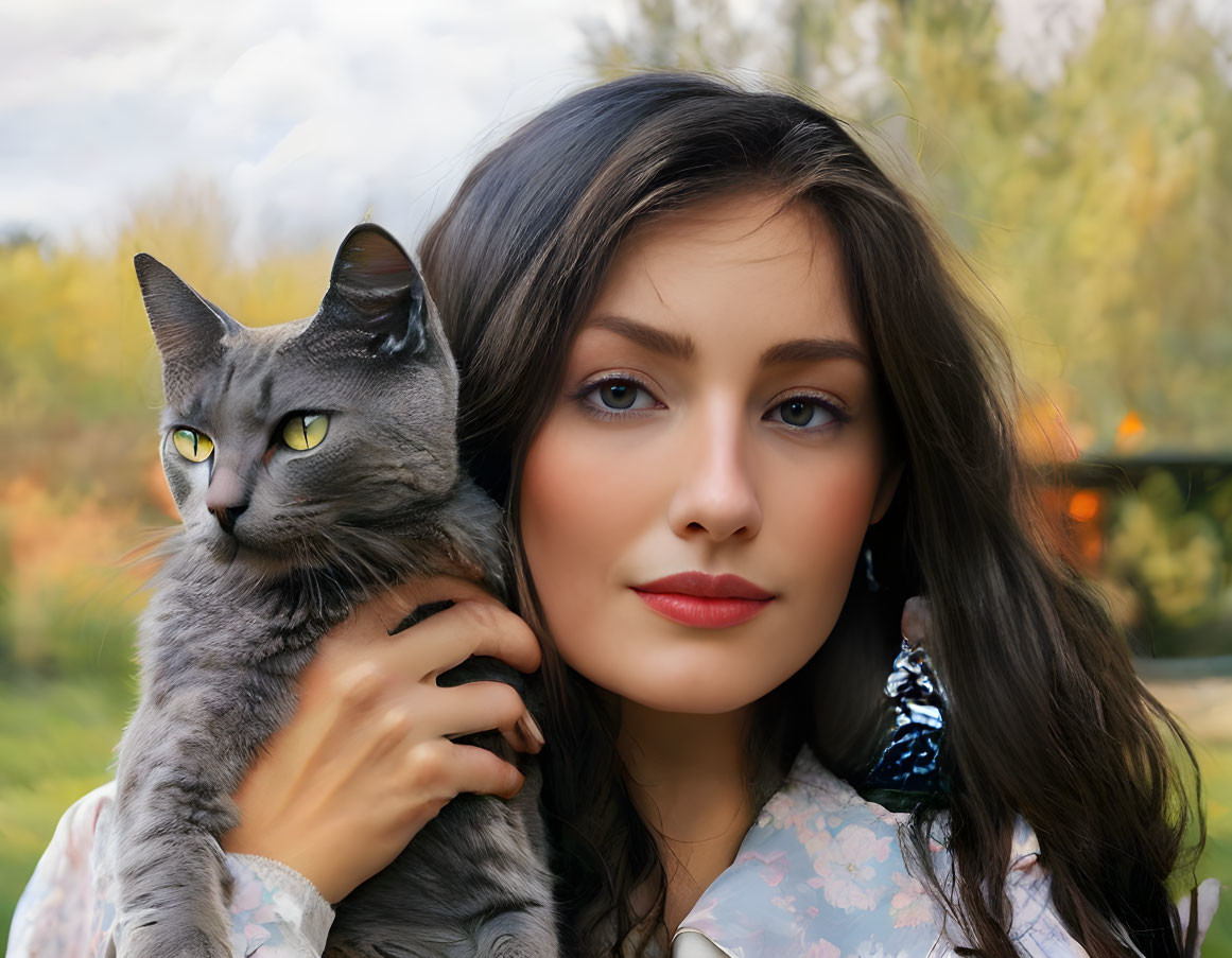 Dark-haired woman holding grey cat with autumn trees in background