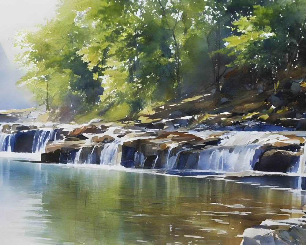 Tranquil Watercolor Painting of Waterfall and River