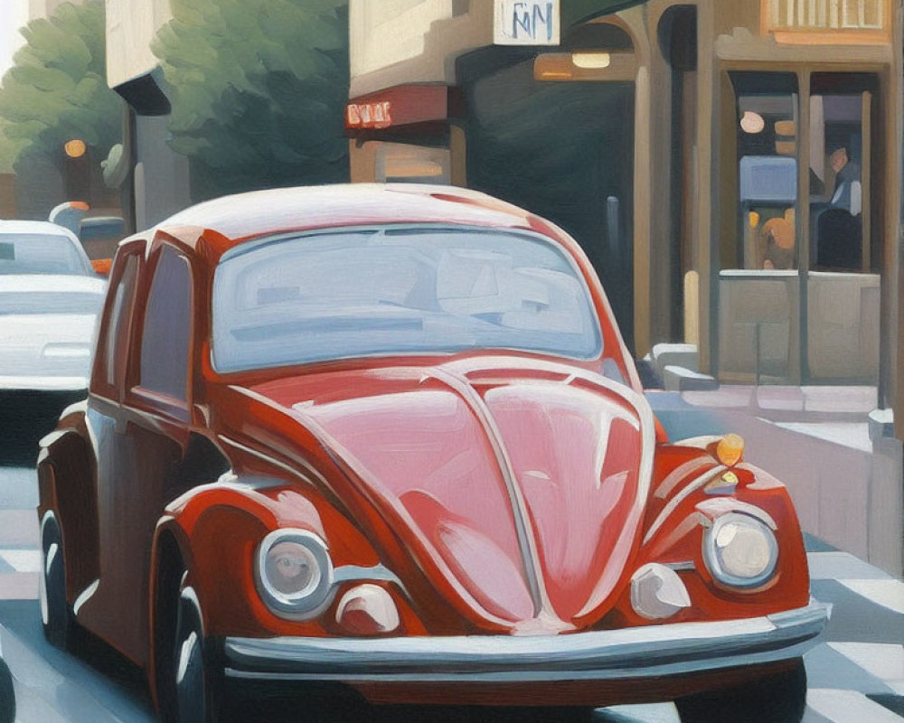 Stylized painting of red vintage Volkswagen Beetle on city street