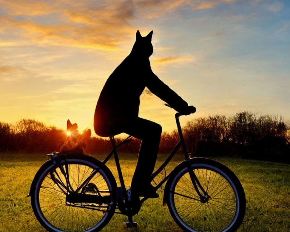 Silhouette of person in cat mask biking in field at sunset