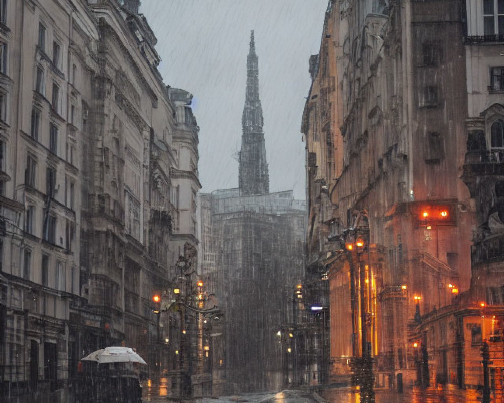 Rainy city street scene with glowing street lights, wet pavements, person with umbrella, and cathedral