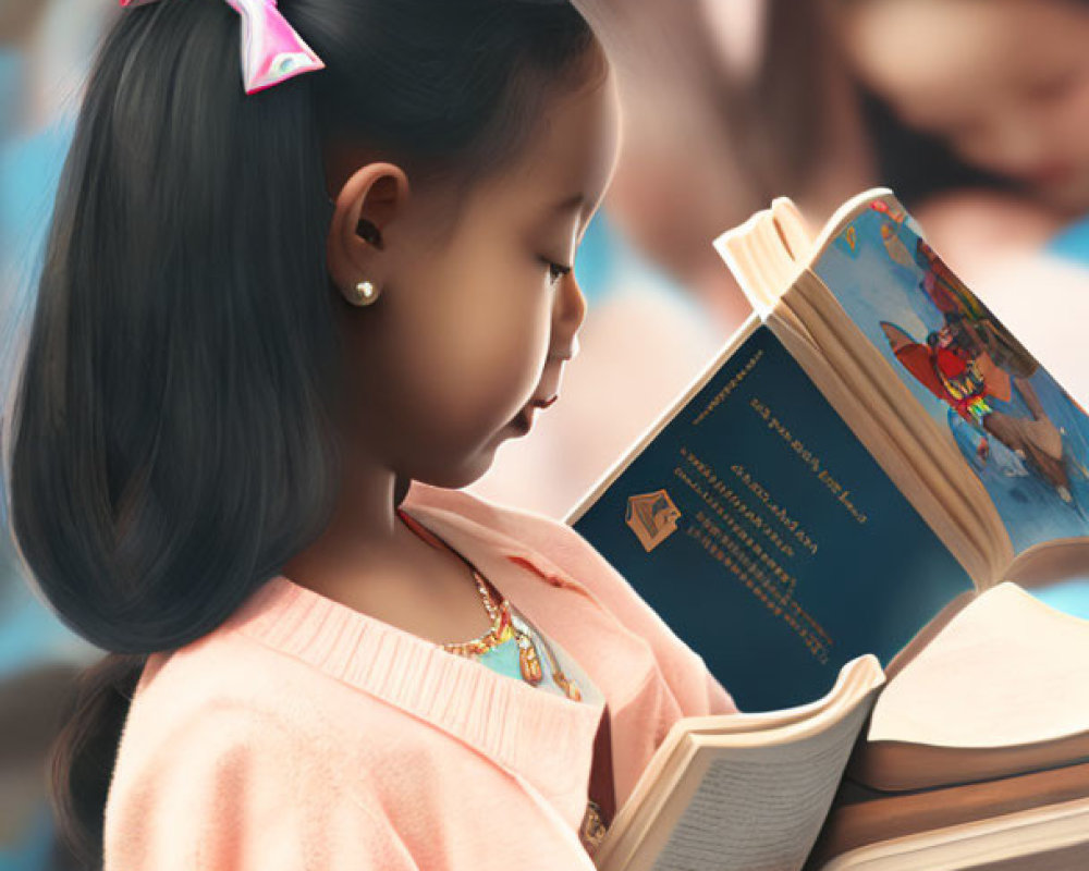 Young girl reading book with pink bow in hair, surrounded by blurred figures