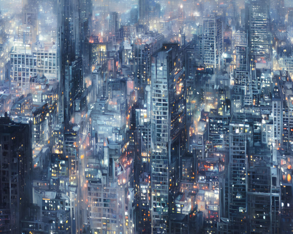 Futuristic cityscape at night with mist and bright lights