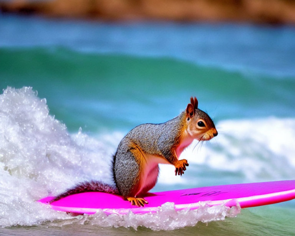 Squirrel on Pink Surfboard with Scenic Beach Background