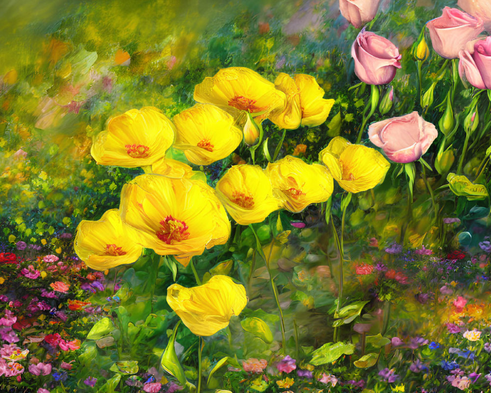 Colorful Flower Field Oil Painting with Yellow and Pink Blossoms