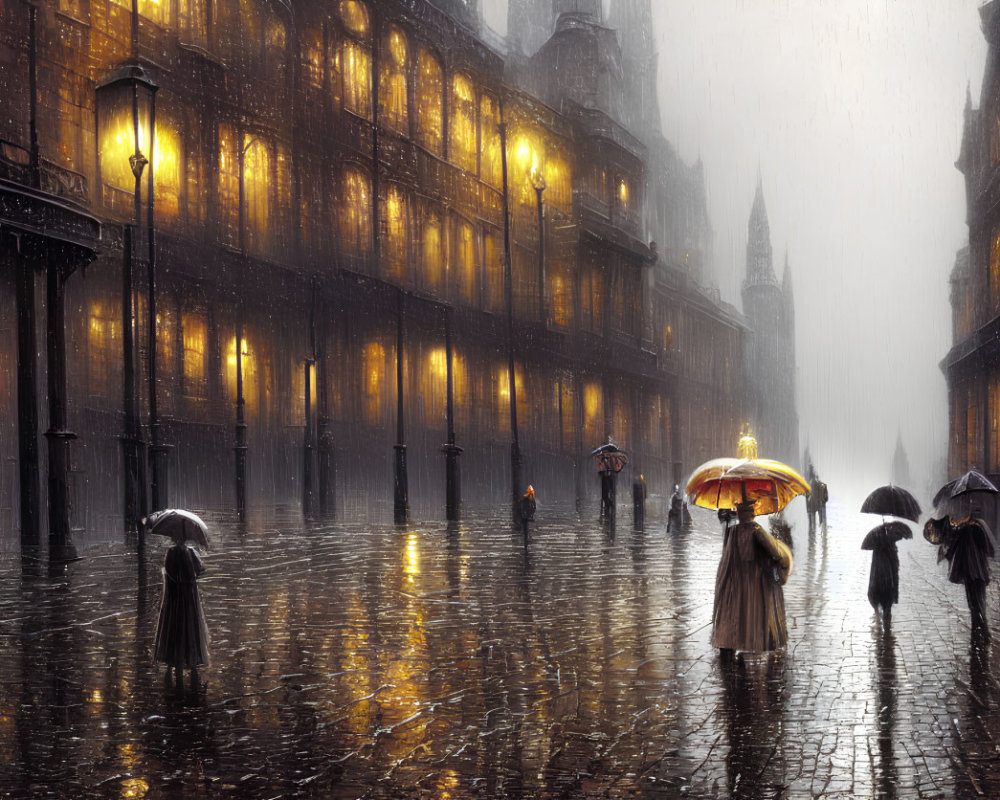 Pedestrians with umbrellas on rain-soaked street with glowing lamps and historical buildings