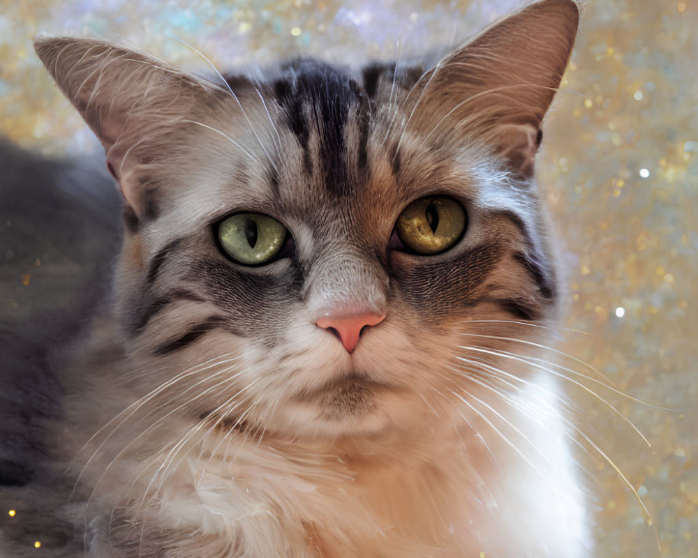 Fluffy tabby cat with green eyes and pink nose on starry background