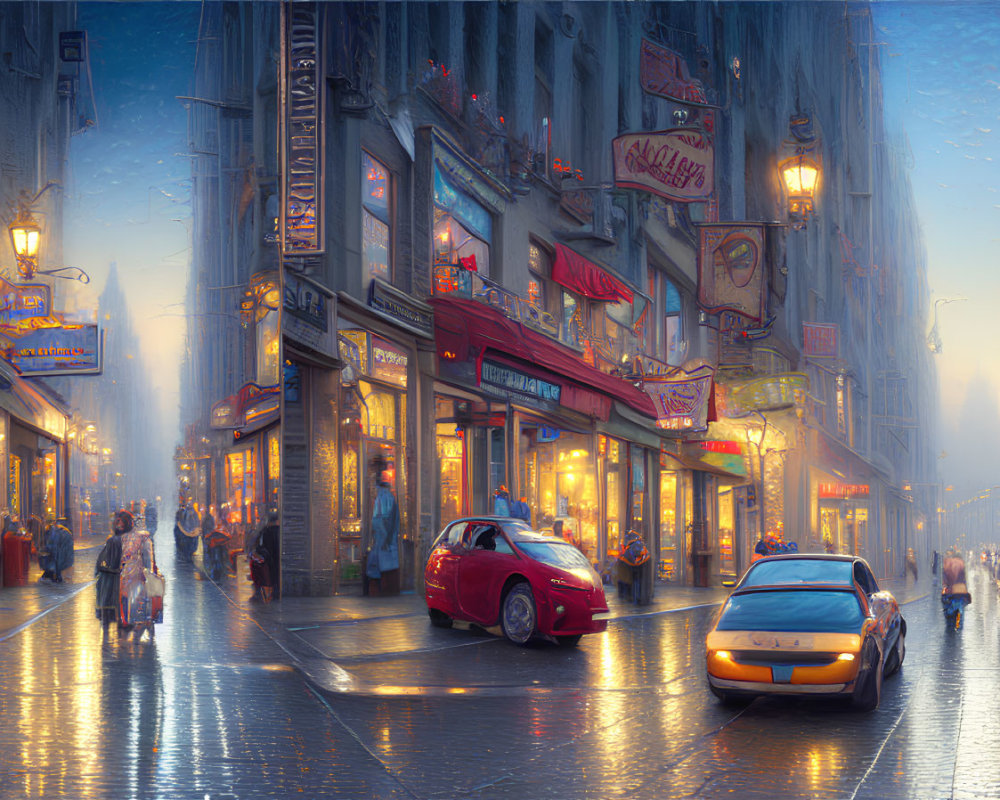 City street scene at dusk with shop signs, parked car, taxi, and pedestrians in light rain