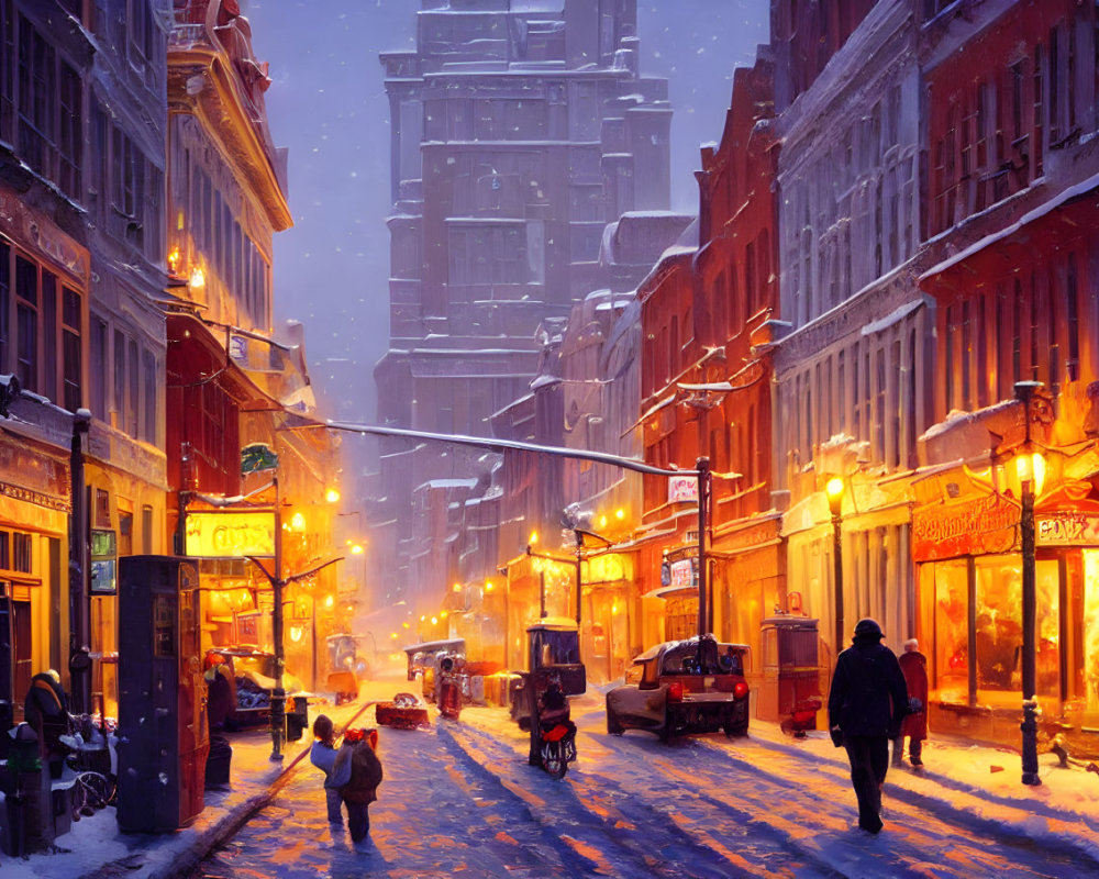 City street at dusk with warm lights, snow, people, cars, and buildings