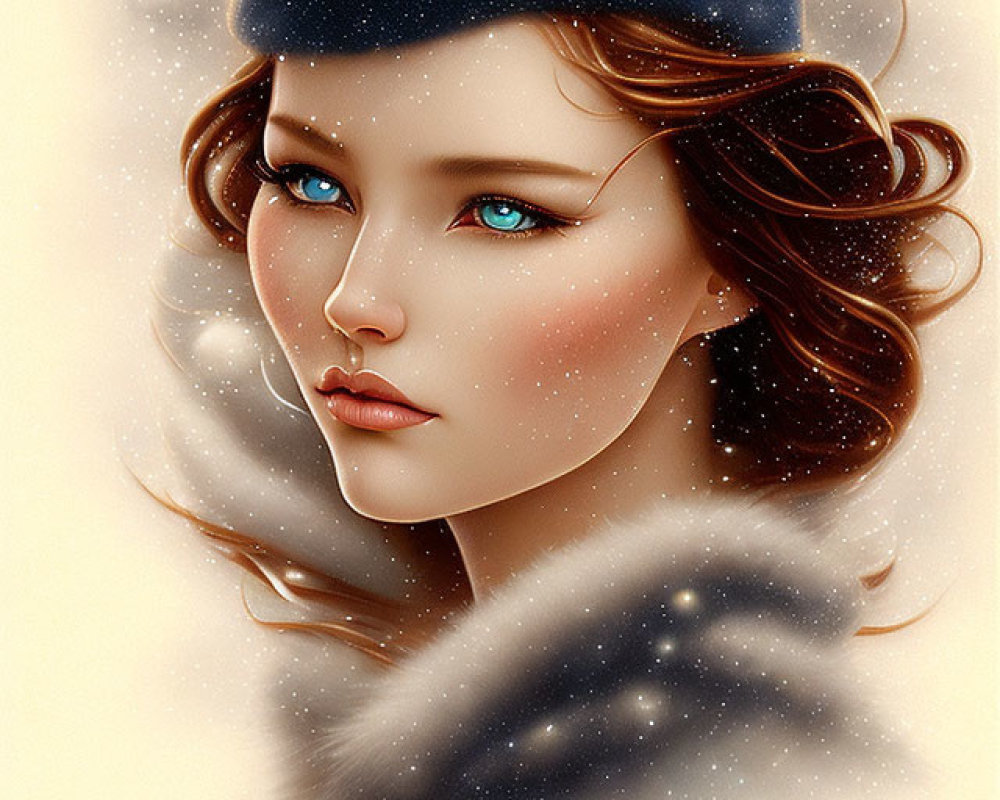 Digital illustration of woman with blue eyes in starry beanie and fur collar, with glowing snowfl