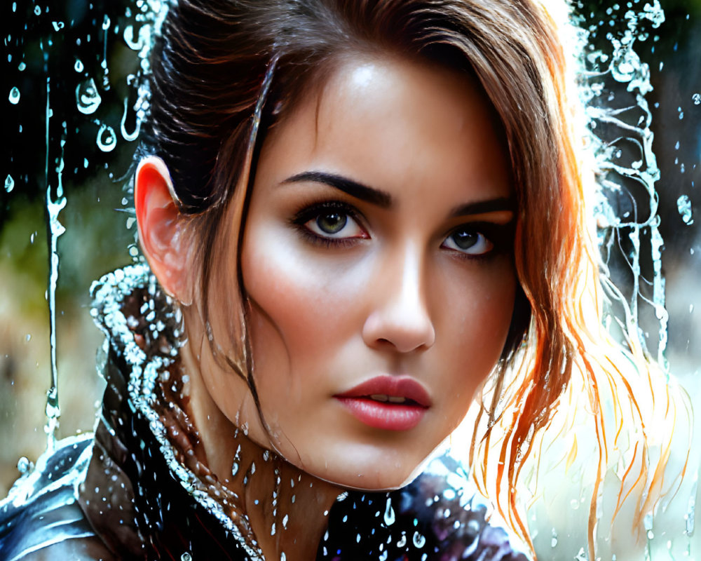 Portrait of woman with wet hair and striking eyes behind raindrop-covered pane.