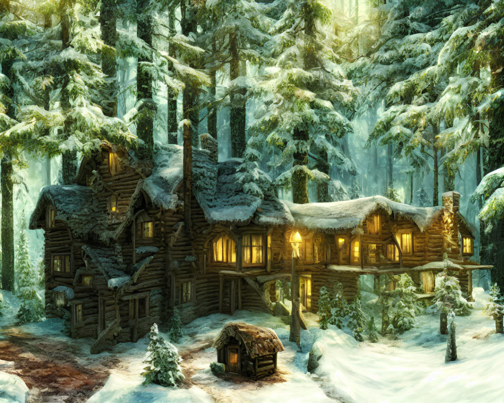 Snowy forest log cabin in serene winter landscape