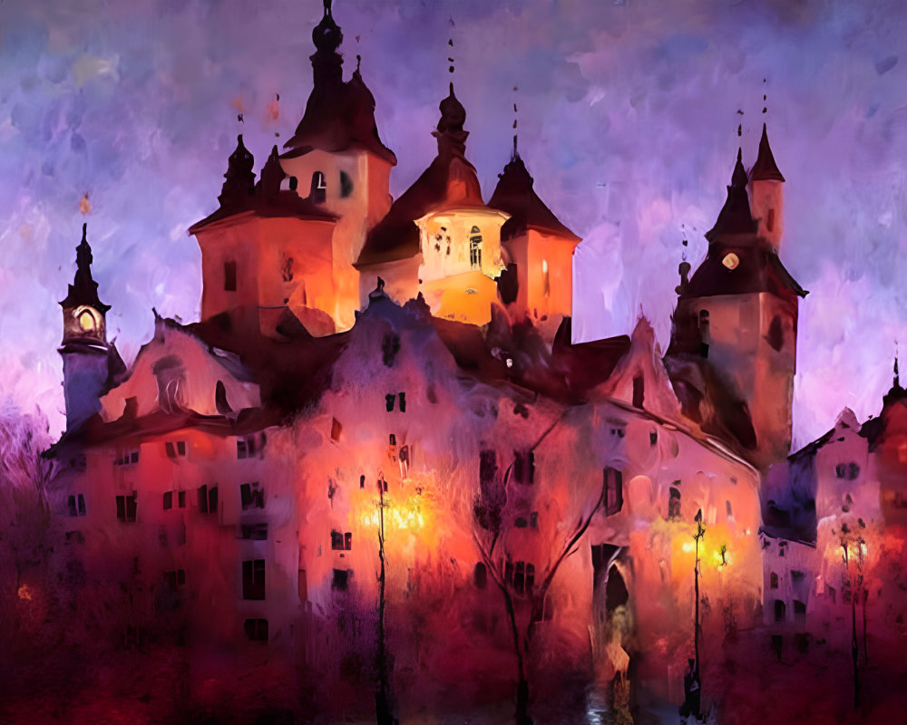 Illuminated castle painting at dusk with purple-clouded sky