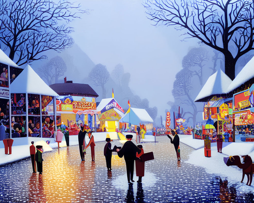 Colorful Winter Ice Skating Scene with Market Stalls and Twilight Sky