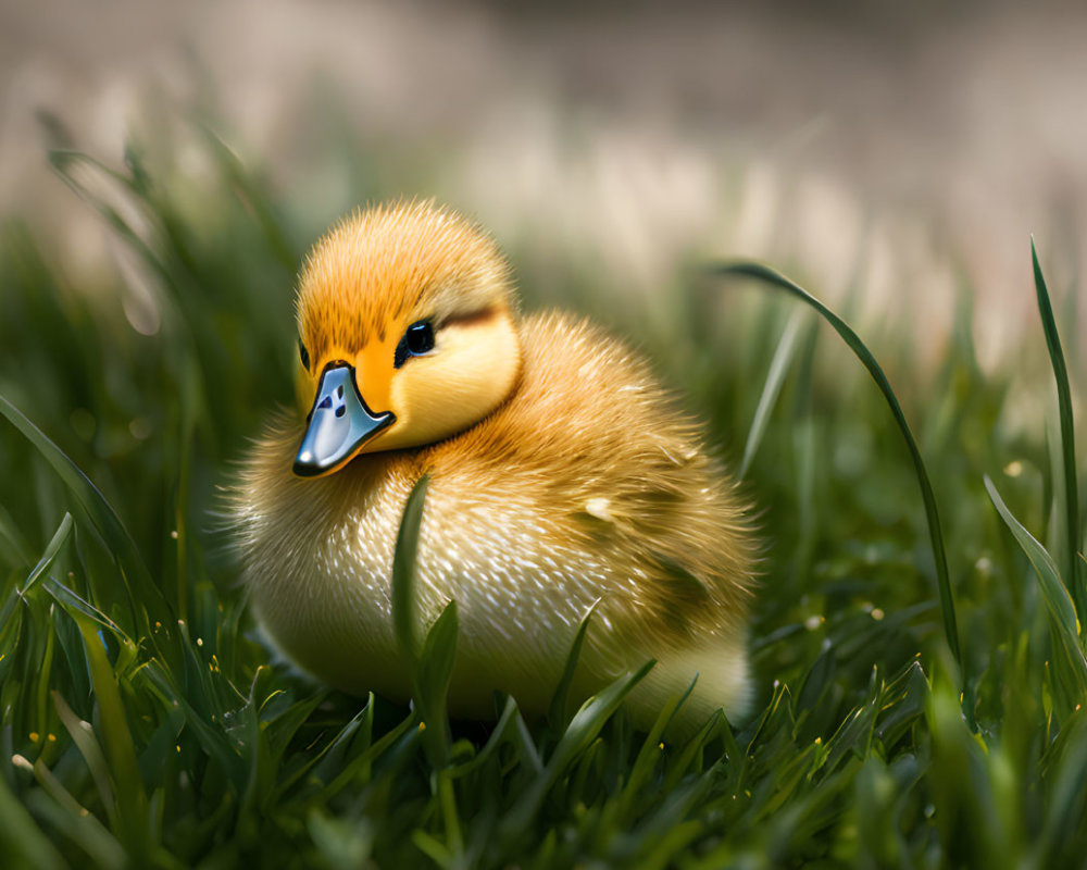 Yellow Duckling Resting in Green Grass Under Soft Sunlight