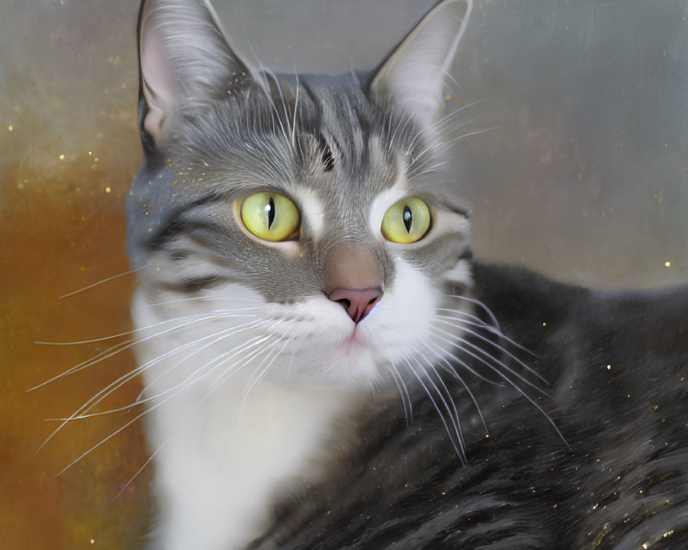 Grey and White Cat with Yellow Eyes and Whiskers on Golden Speckled Background