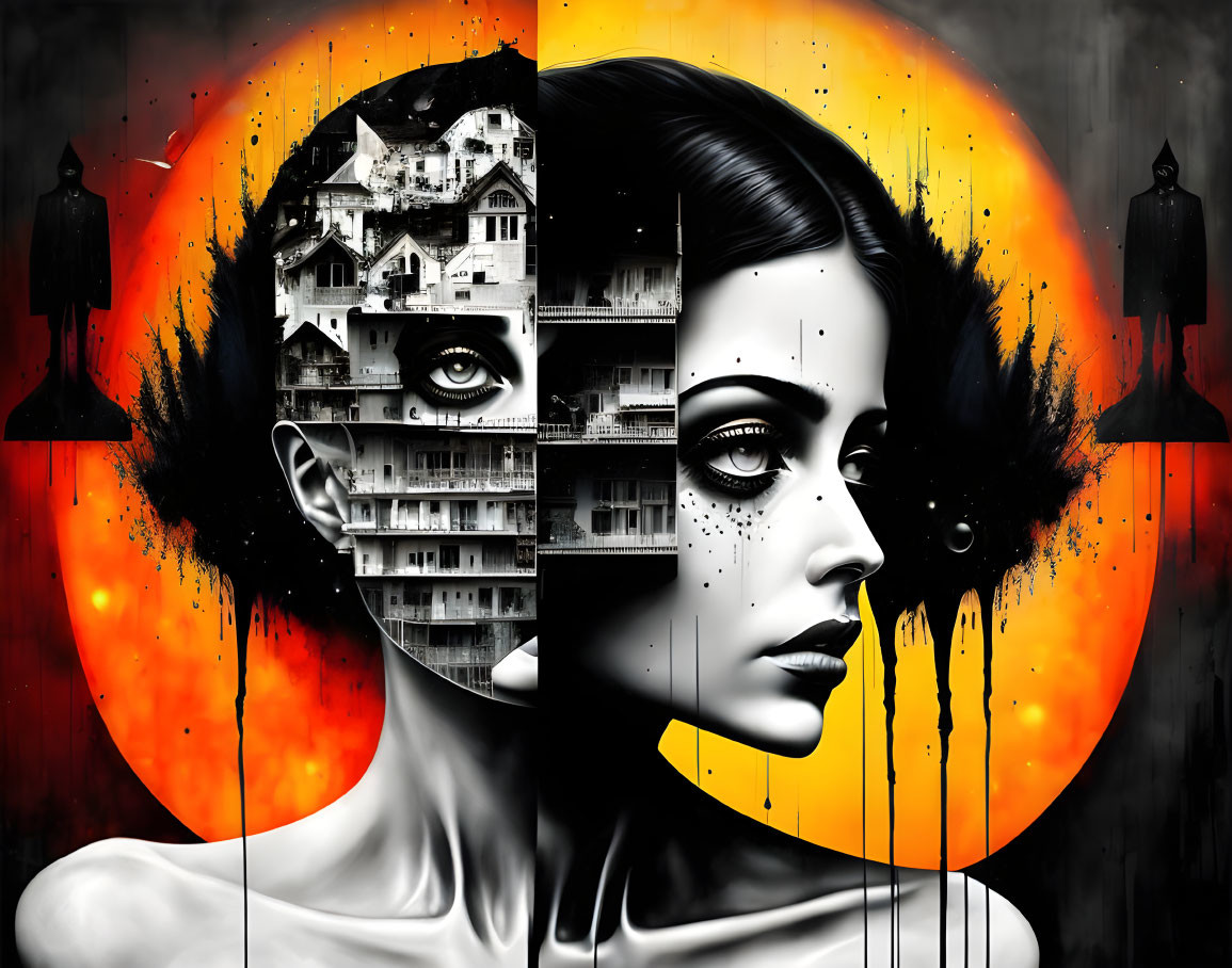 Surreal portrait of woman fused with architecture in monochromatic and orange palette