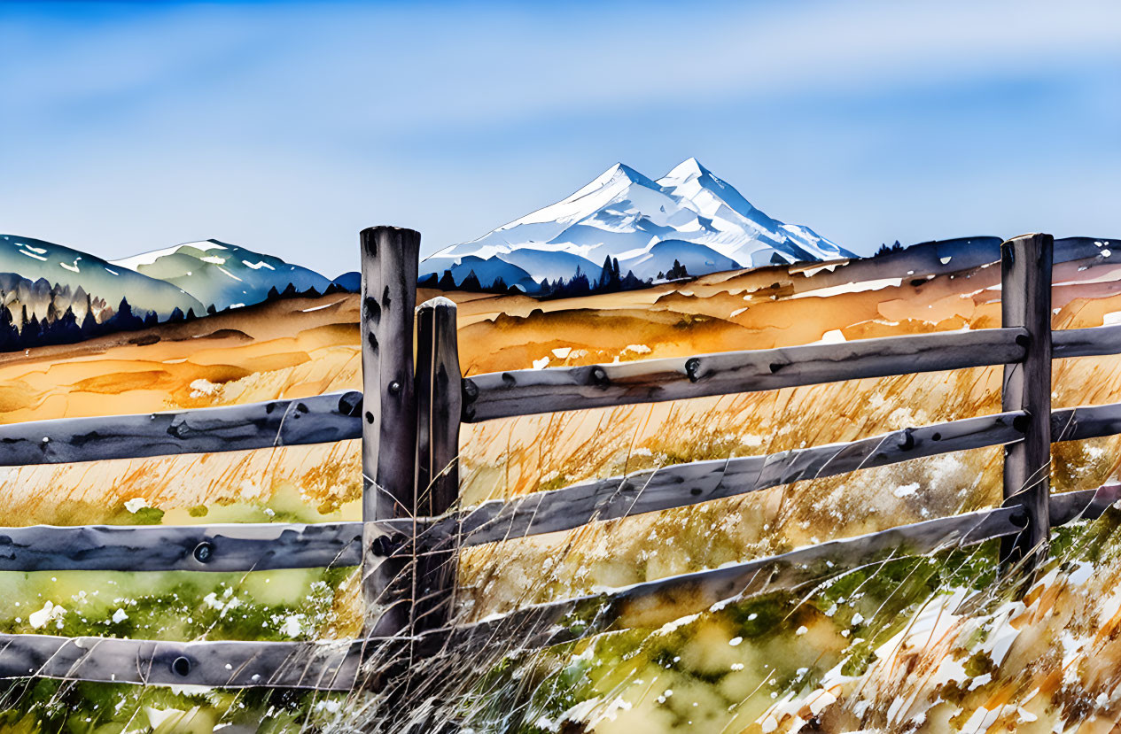 Scenic landscape with wooden fence, golden fields, and snow-capped mountains