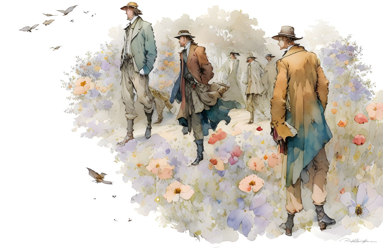 Vintage attire men walking in flower field watercolor illustration