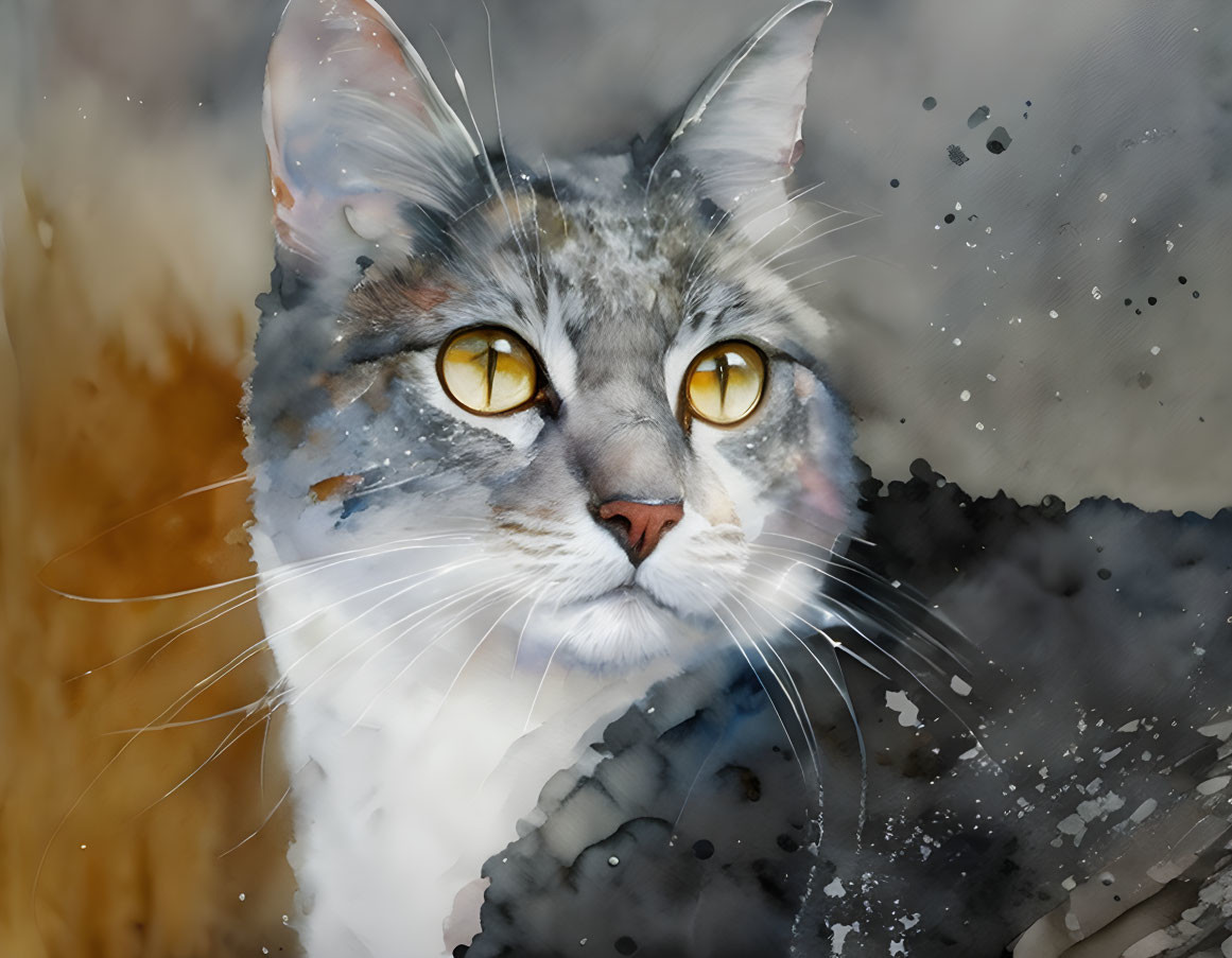 Cat with Golden Eyes in Watercolor Style against Blended Background