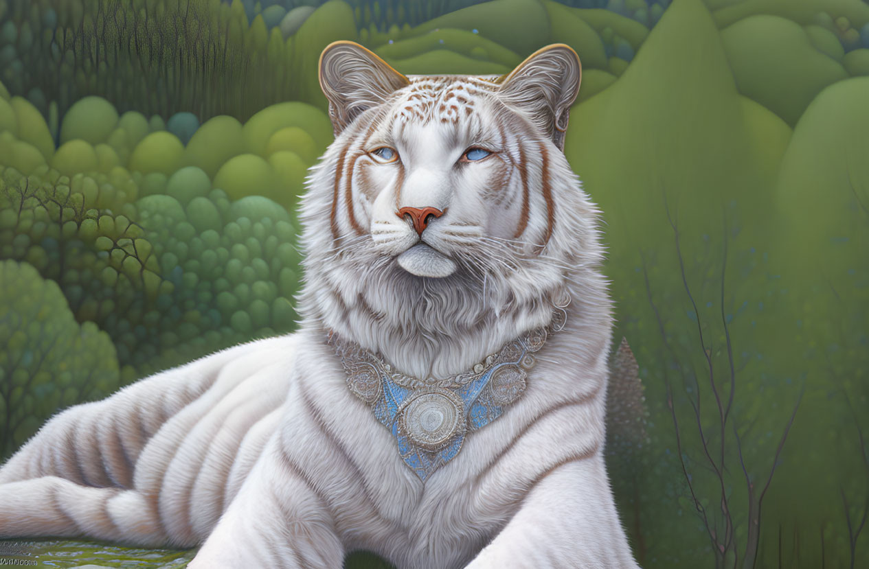 White Tiger with Blue Stripes and Decorative Necklace in Green Foliage