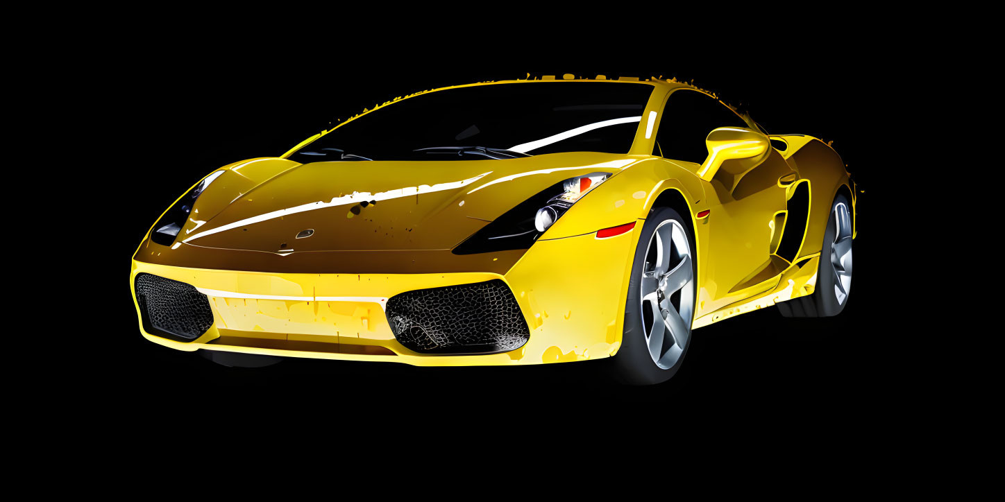 Bright yellow sports car with dirt-splattered front on black background