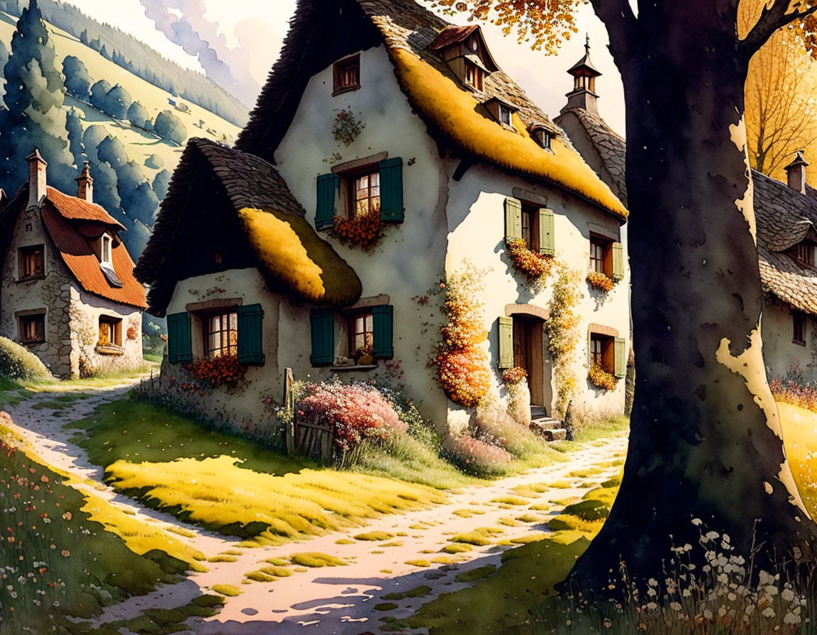 Quaint village illustration with thatched-roof cottages and colorful flowers