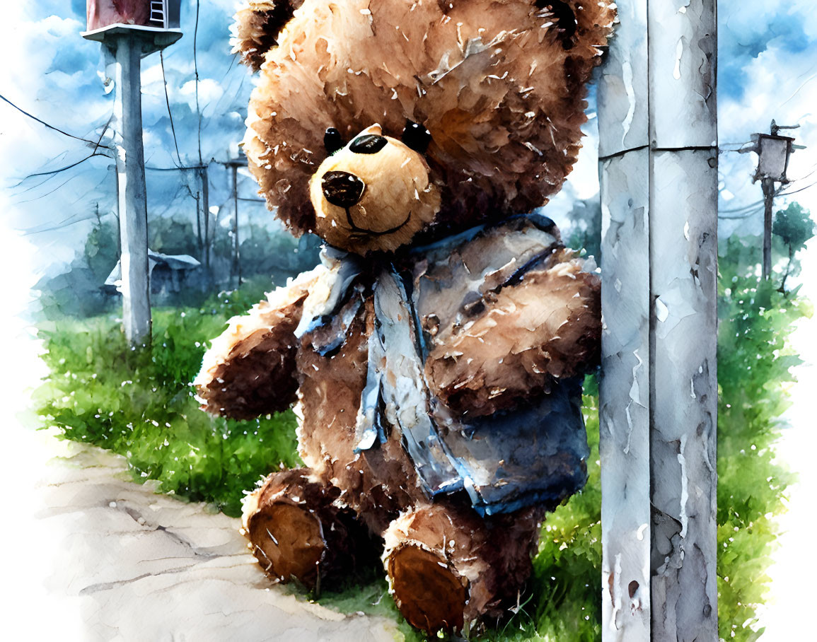 Large Teddy Bear in Scarf Watercolor Illustration with Lamppost on Deserted Road