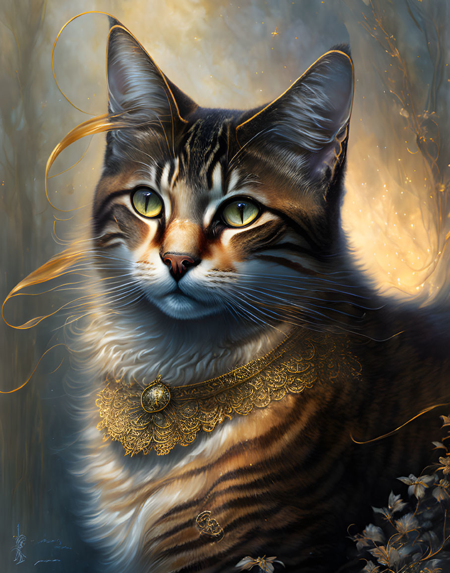 Majestic Cat Digital Artwork with Green Eyes & Golden Collar