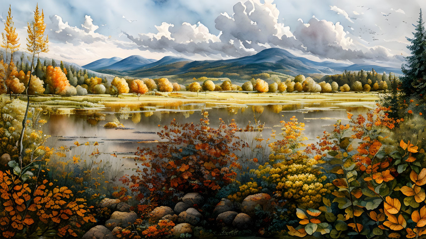 Tranquil autumn landscape with vibrant trees and calm lake